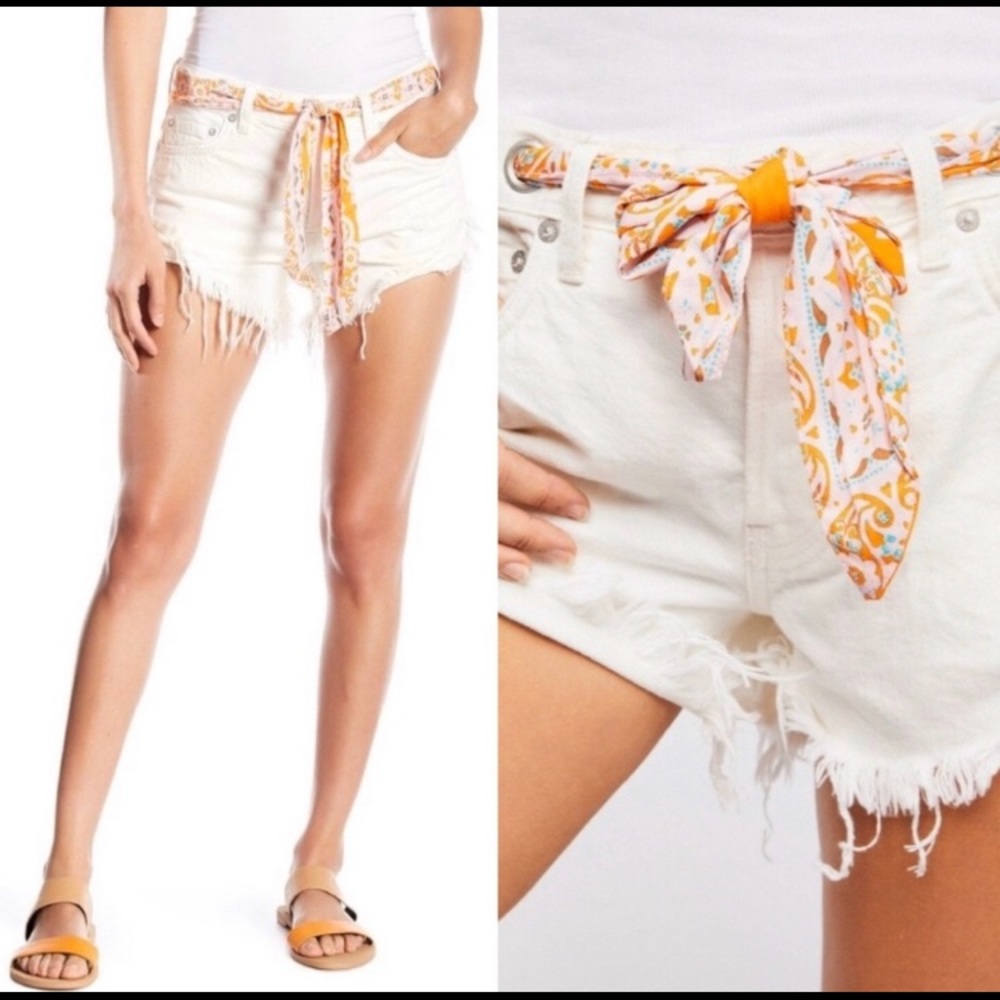 FREE PEOPLE White Frayed Denim Shorts with Scarf Belt